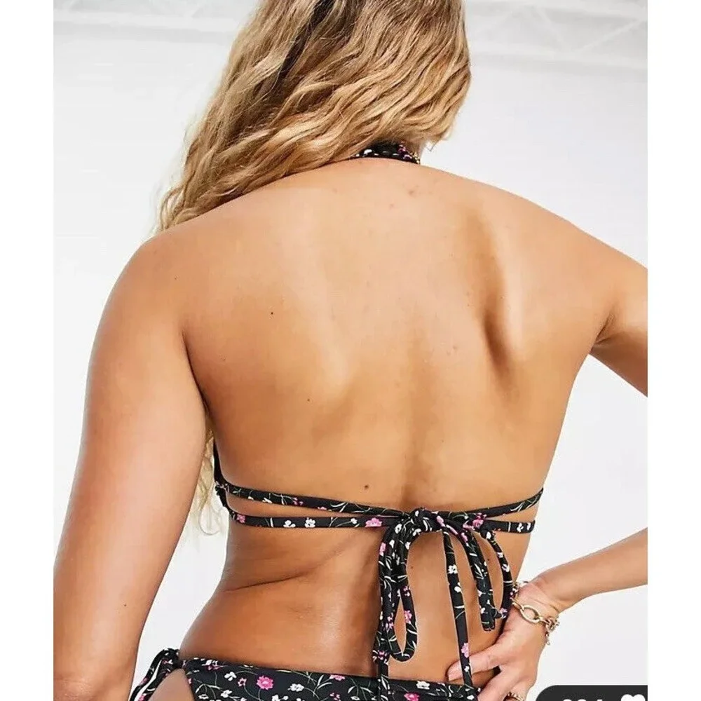 ASOS The Frolic NWT black Floral Bikini top multi US 4 Halter Tie Back